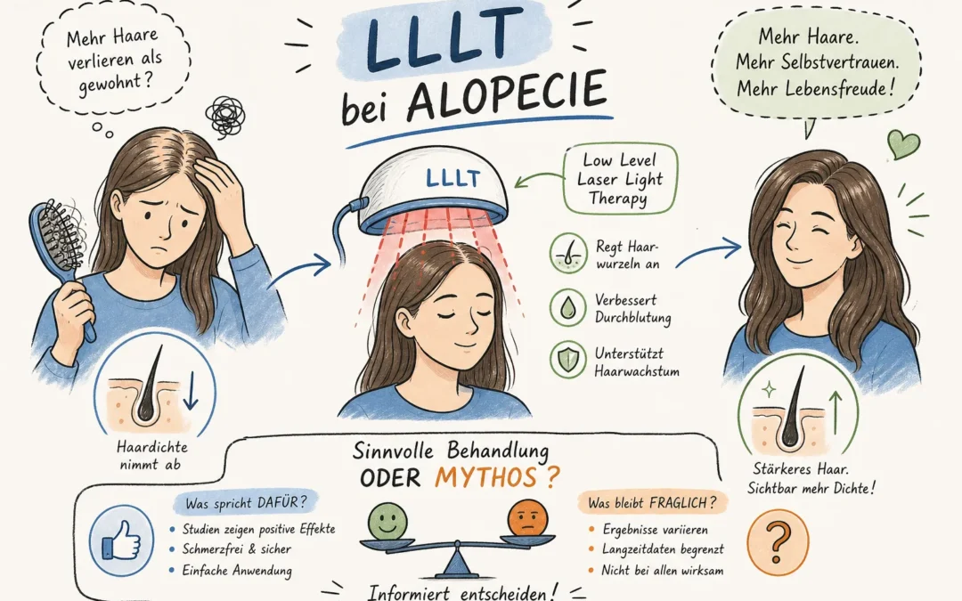 Infografik über LLLT (Low Level Laser Light Therapy) bei Haarausfall. Sie illustriert die Transformation von schütterem zu dichtem Haar durch eine Laser-Helmanwendung und stellt Argumente dafür (schmerzfrei, studiengestützt) und dagegen (schwankende Ergebnisse, begrenzte Langzeitdaten) auf einer Waage gegenüber.