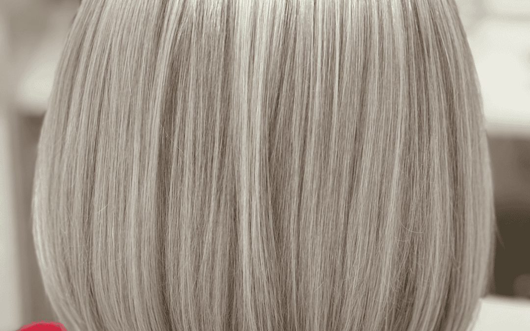 Eine Nahaufnahme der Rückansicht eines präzisen, silbergrauen Bob-Haarschnitts mit geradem Saum. Die Person trägt ein rosa gemustertes Oberteil vor einem unscharfen Salon-Hintergrund.